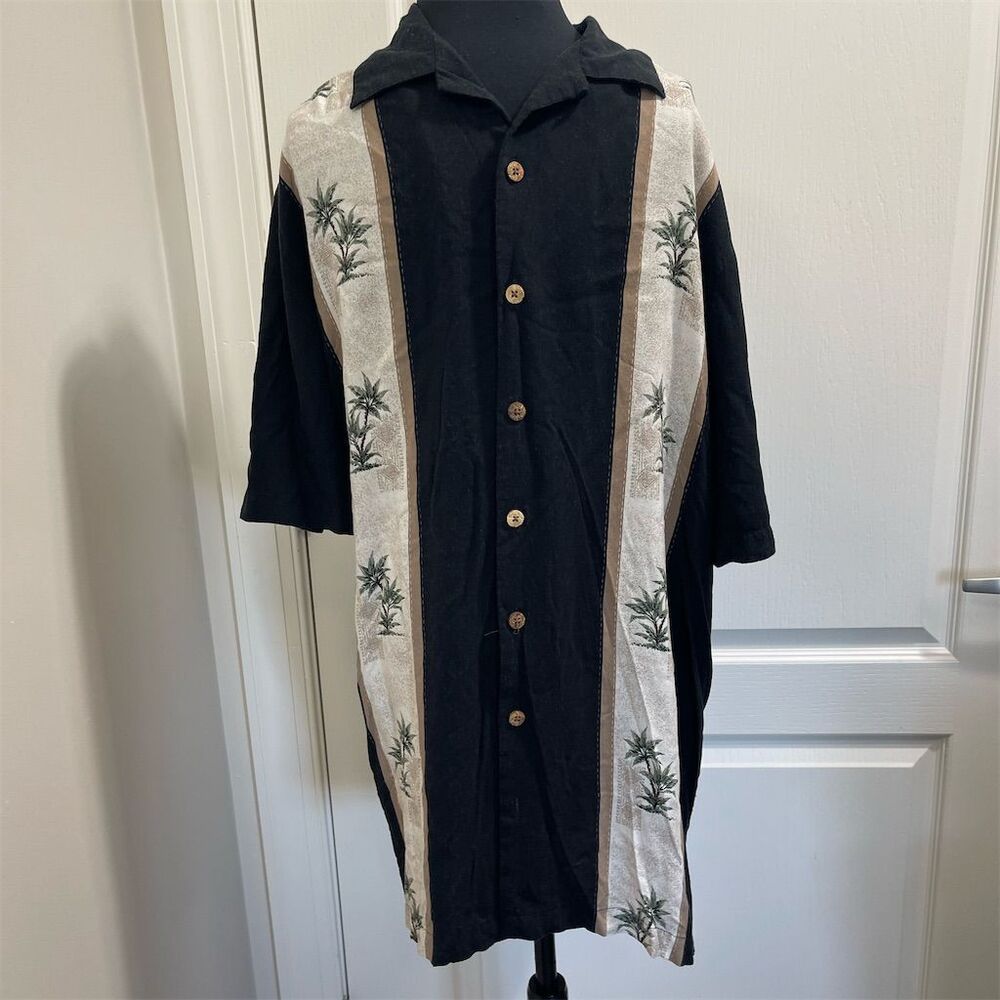 Hollis River Men's Vintage Hawaiian Shirt L Black Palm Tree Button-Up (sku485)